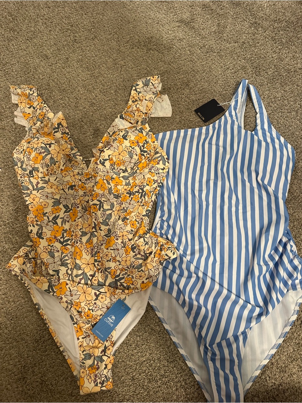 Yellow Floral Ruffle One-Piece Swimsuit & Blue White Striped One-Piece- NEW